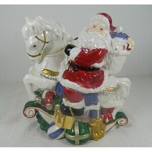 Vintage Christmas Cookie Jar Santa Riding a Hobby Horse w/ Gifts & Toys  10.5"H